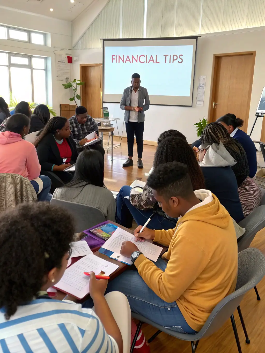 A group of people actively participating in a workshop, with a presenter at the front, discussing financial topics, representing workshops and webinars.