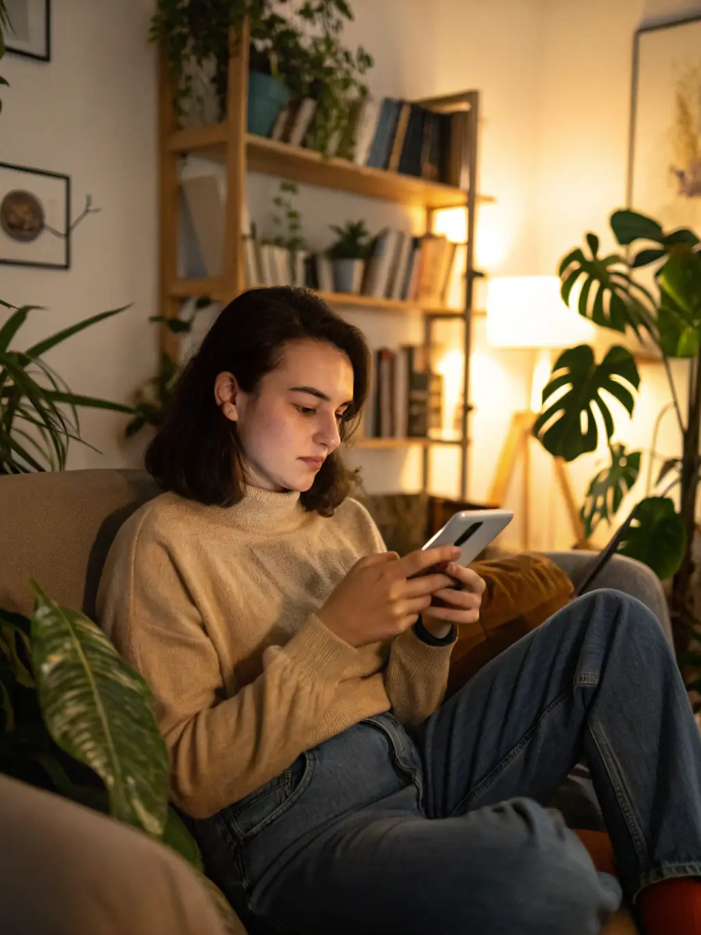 A person happily managing their finances on their phone, showcasing the ease and convenience of using Bricks and Stone's services.
