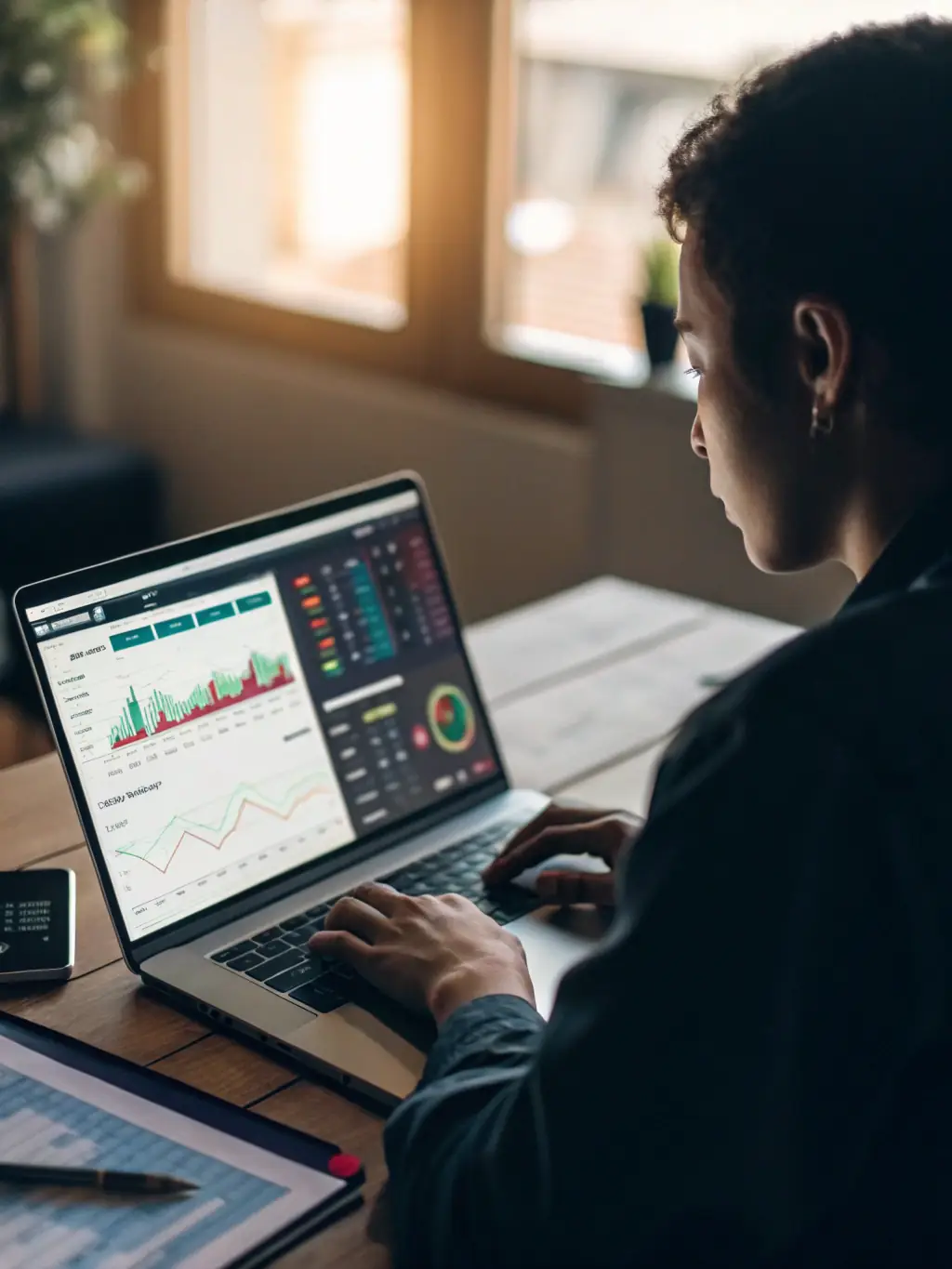 A person sitting at a desk, looking at a laptop with graphs and charts displayed on the screen, smiling confidently, representing personal finance coaching.